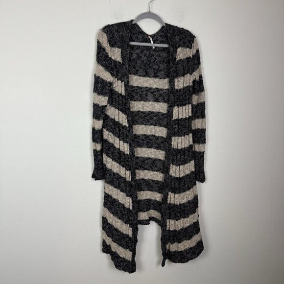 Free People Blue Tan Striped Cardigan Woman’s Size Medium Linen Blend Open Front - Picture 1 of 6